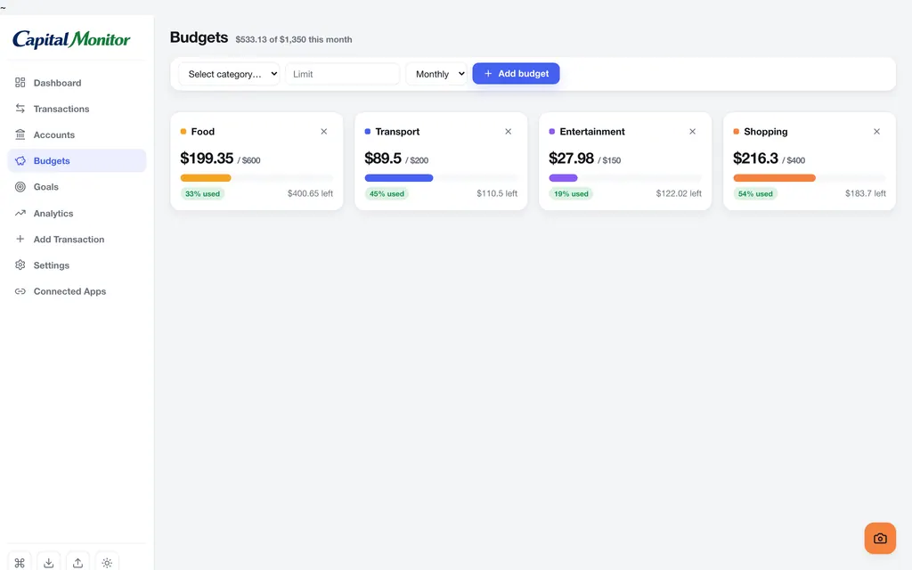 Capital Monitor budgets view