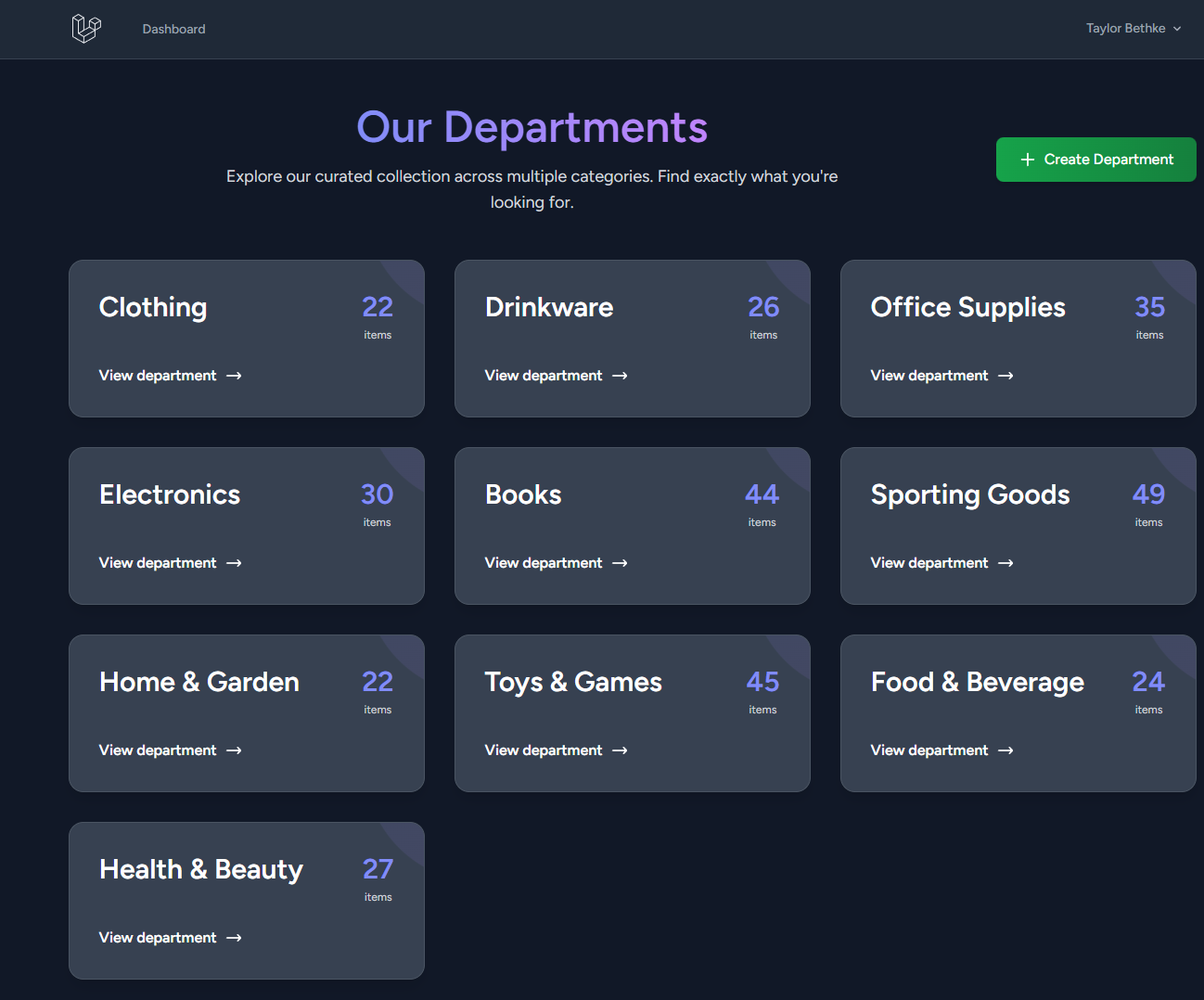 Laravel admin dashboard showing an Our Departments overview with category cards and item counts