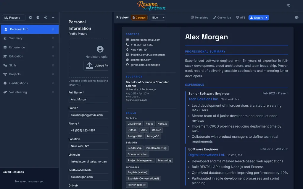 Resume Artisan editor in dark mode