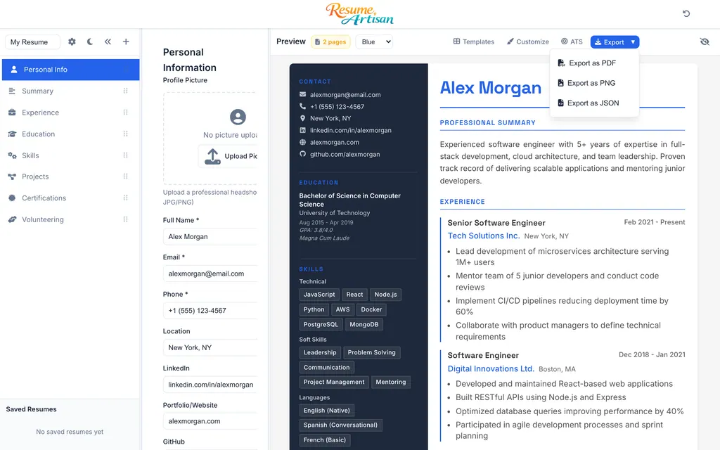 Resume Artisan export format options