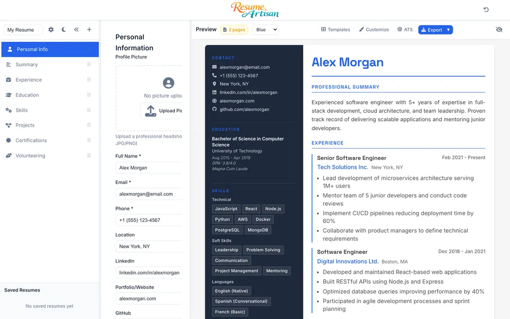 Resume Artisan modern editor with live preview