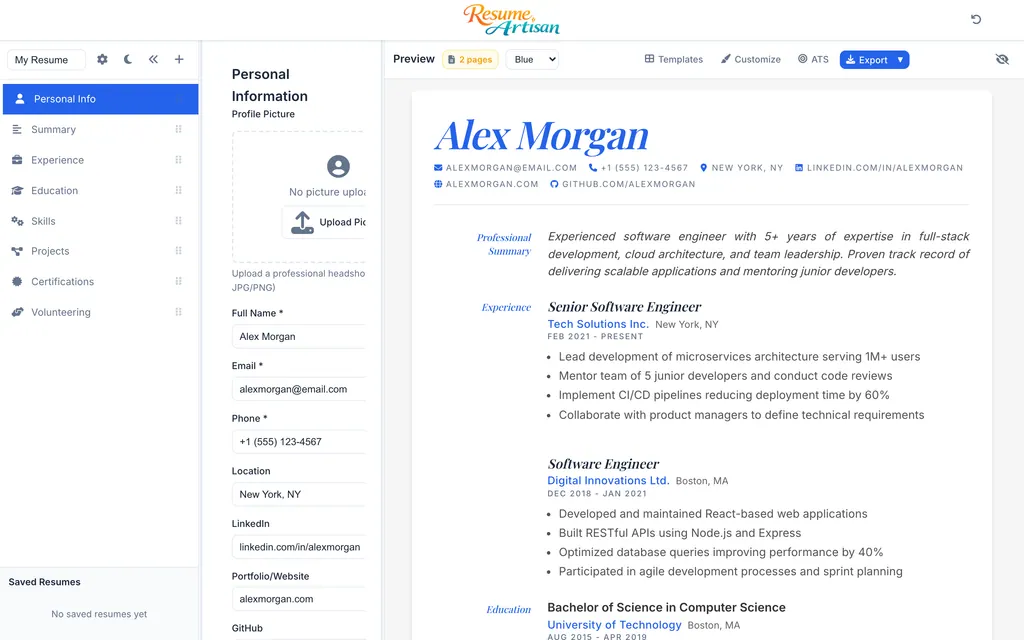 Resume Artisan creative template