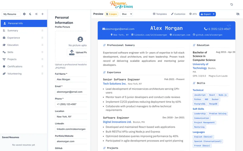 Resume Artisan tech template
