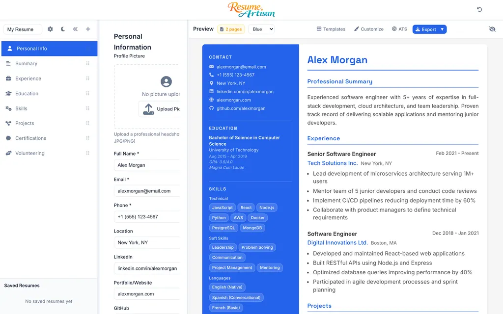 Resume Artisan two column template