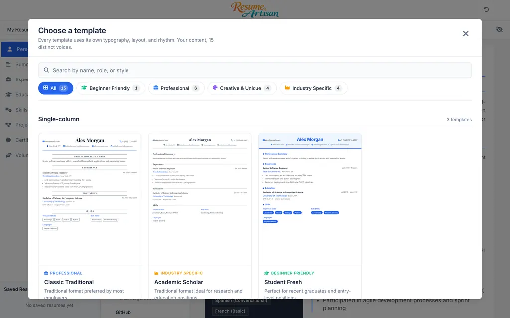 Resume Artisan template selector