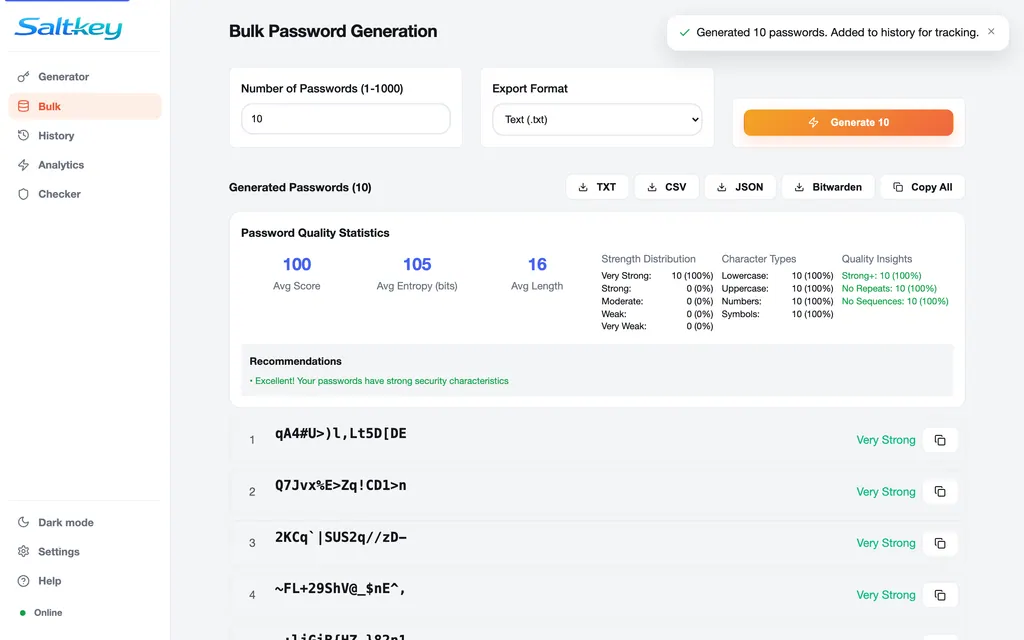 Saltkey bulk generation tab