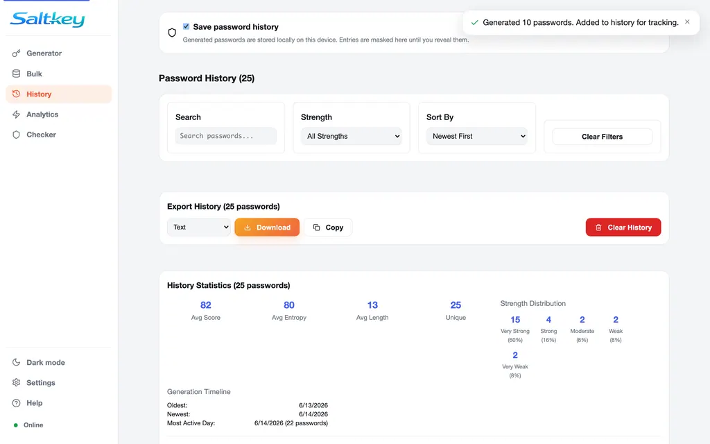 Saltkey password history tab