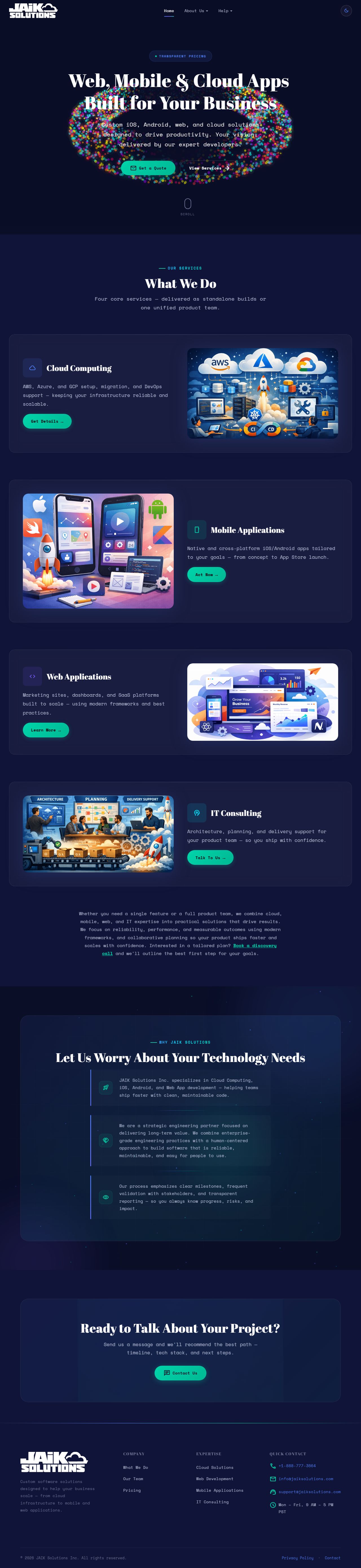 Full-page screenshot of the JAIK Solutions home page