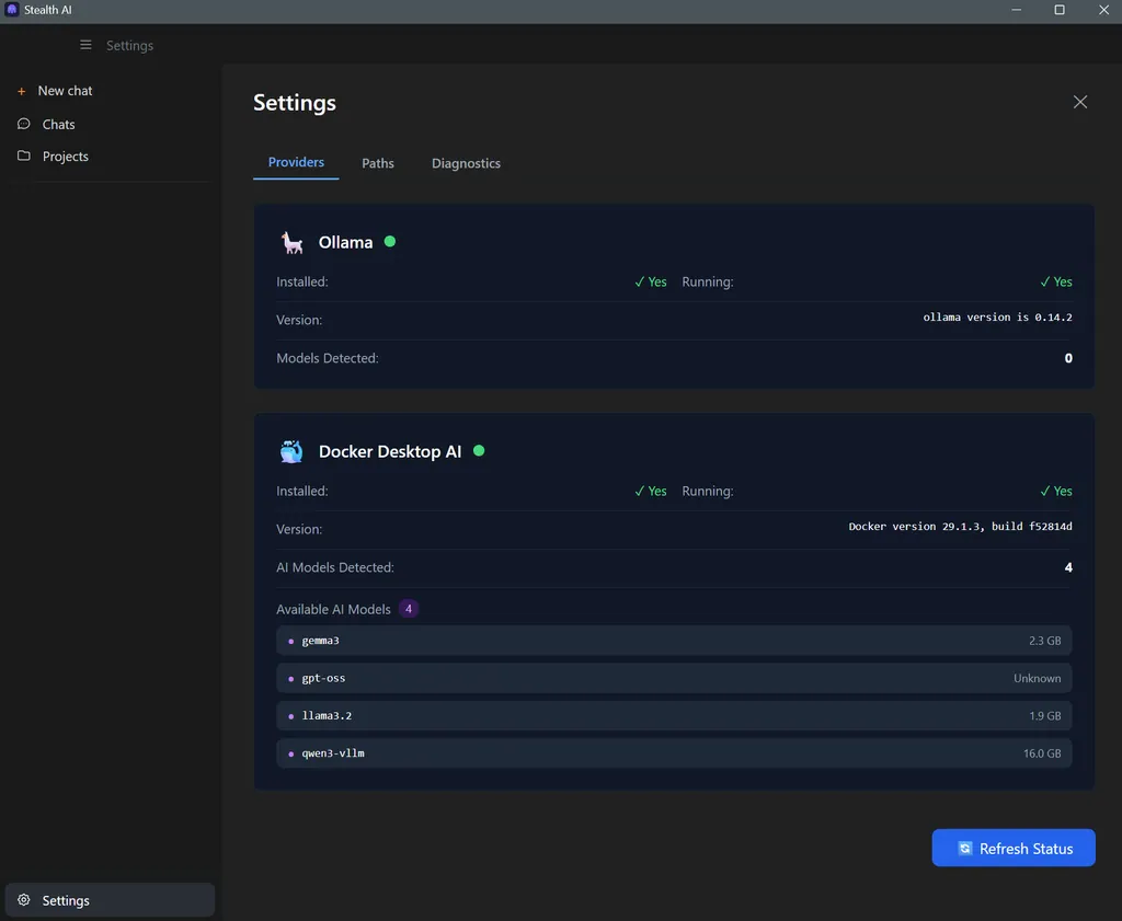 Stealth AI settings, model providers